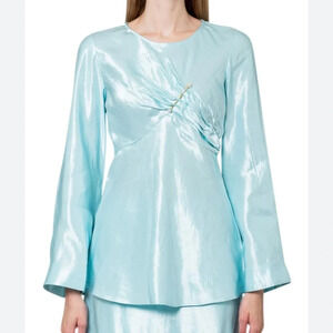 Aje Moonglade Pierced Fit and Flare Ruched Blouse in Spearmint Blue Size 4